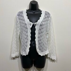 White Crochet Open Knit Tie Front Cardigan Dressbarn Womens Petite XL Boho Mesh
